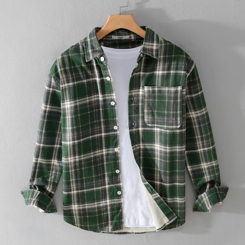 Herren Karierter Flanell-Overshirt im Vintage‑Look mit aufgesetzter Brusttasche und gerundetem Saum Drune