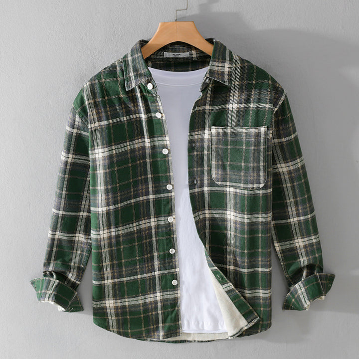 Herren Karierter Flanell-Overshirt im Vintage‑Look mit aufgesetzter Brusttasche und gerundetem Saum Drune