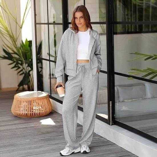 Damen nan zweiteiliges Lounge-Set mit Kapuzenjacke Reißverschluss und weiter Hose mit hohem Bund aus Sweatstoff Drune