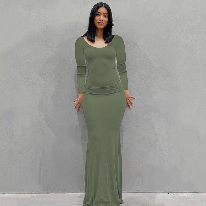 Damen Körperbetontes Maxi‑Jerseykleid mit taillierter Drapierung, langen Ärmeln und ausgestelltem Saum Drune