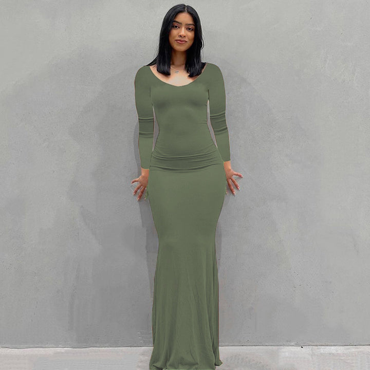 Damen Körperbetontes Maxi‑Jerseykleid mit taillierter Drapierung, langen Ärmeln und ausgestelltem Saum Drune