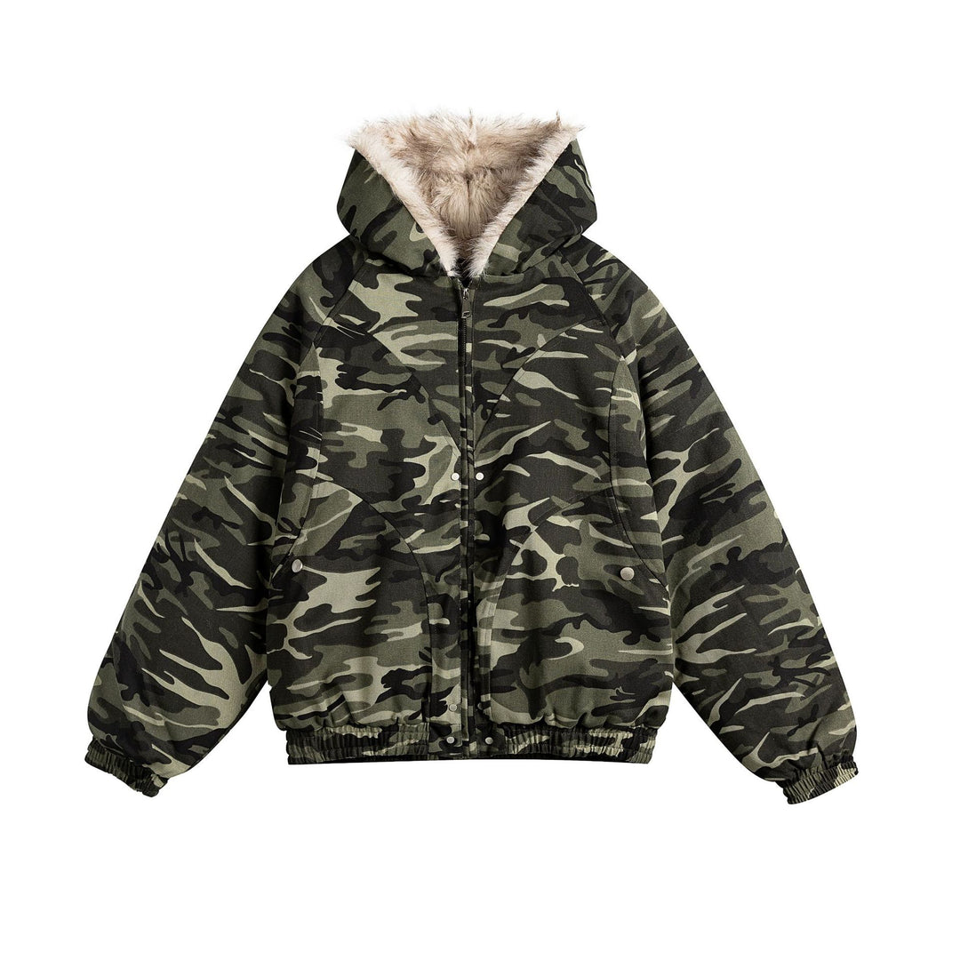Damen Kurz geschnittene Camouflage-Übergangsjacke mit Kunstfellkapuze und elastischem Saum Drune