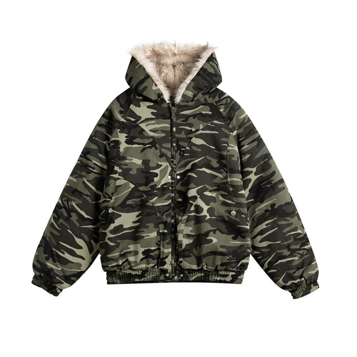 Damen Kurz geschnittene Camouflage-Übergangsjacke mit Kunstfellkapuze und elastischem Saum Drune