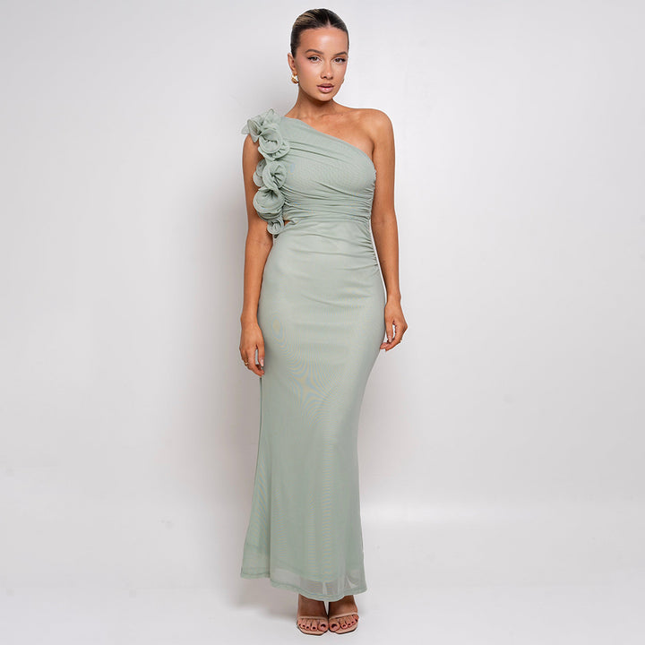 Damen Figurschmeichelndes Midi-Kleid mit asymmetrischem Ausschnitt und Rüschendetails Drune