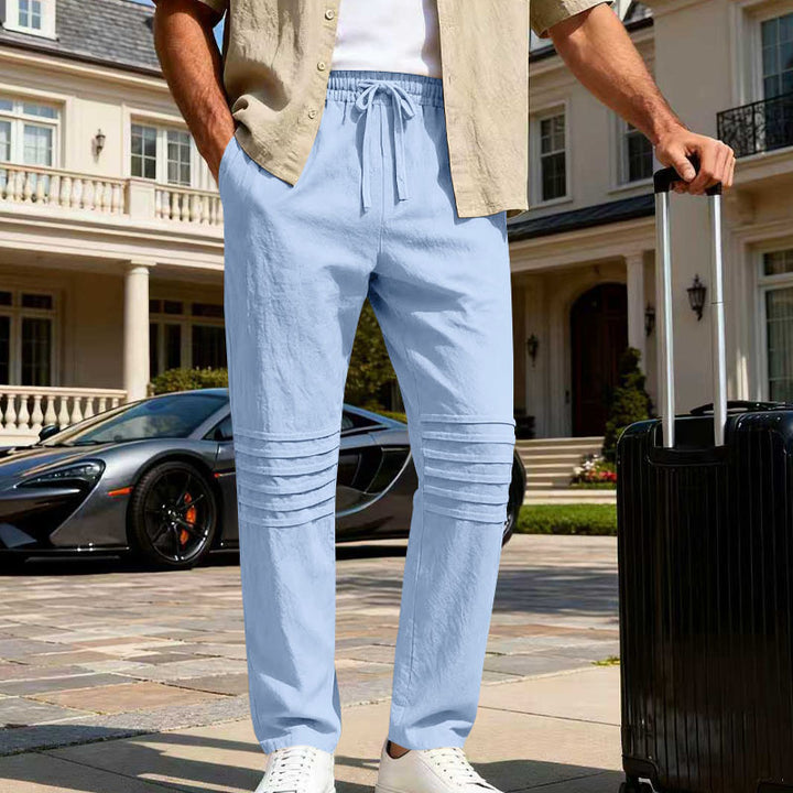 Herren Leinenoptik-Loungehose mit Tunnelzug elastischem Bund und abgesteppten Kniepanelen Drune