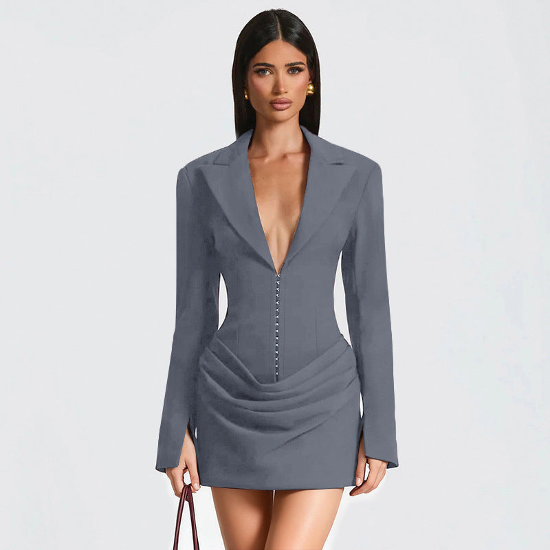 Damen Blazer-Minikleid mit tiefem V-Ausschnitt und eleganter Silhouette Drune