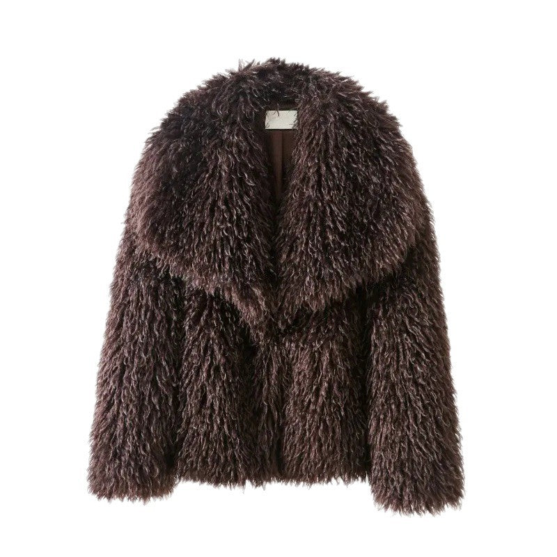 Damen Kurzjacke aus langflorigem Kunstpelz mit voluminösem Schalkragen Drune