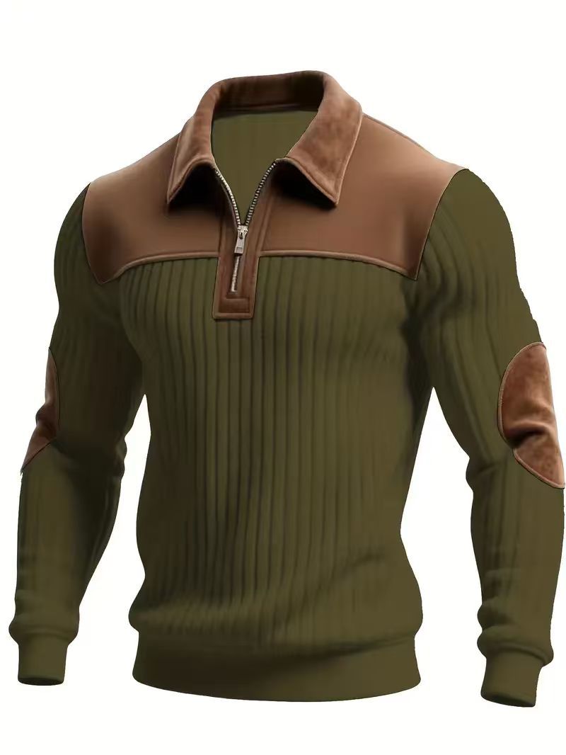 Herren nan gerippter Halbzip-Pullover mit kontrastierenden Lederapplikationen an Schultern und Ellenbogen Drune