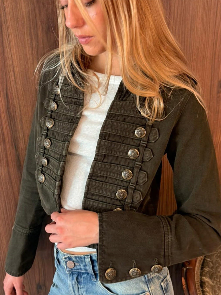 Damen Militärisch inspirierte taillierte Kurzjacke mit Zierfalten und Metallknöpfen Drune