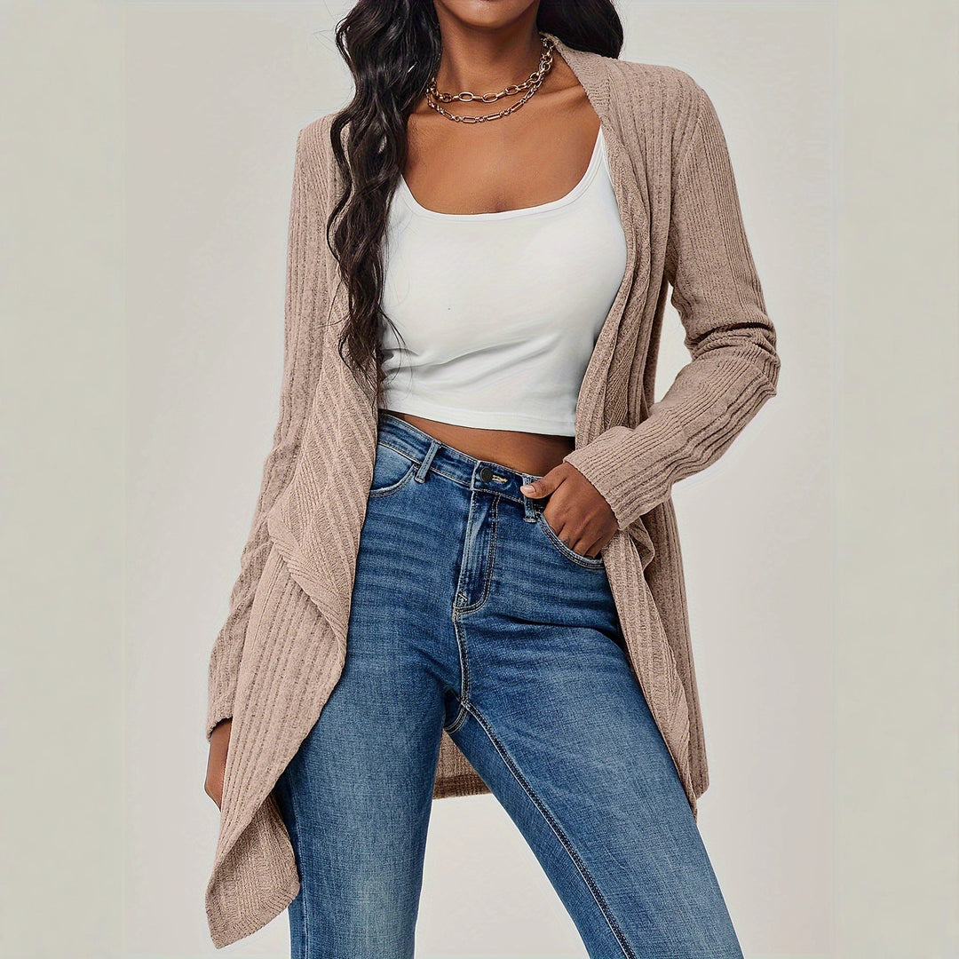 Damen Offener Rippstrick-Cardigan mit Wasserfallkragen Drune