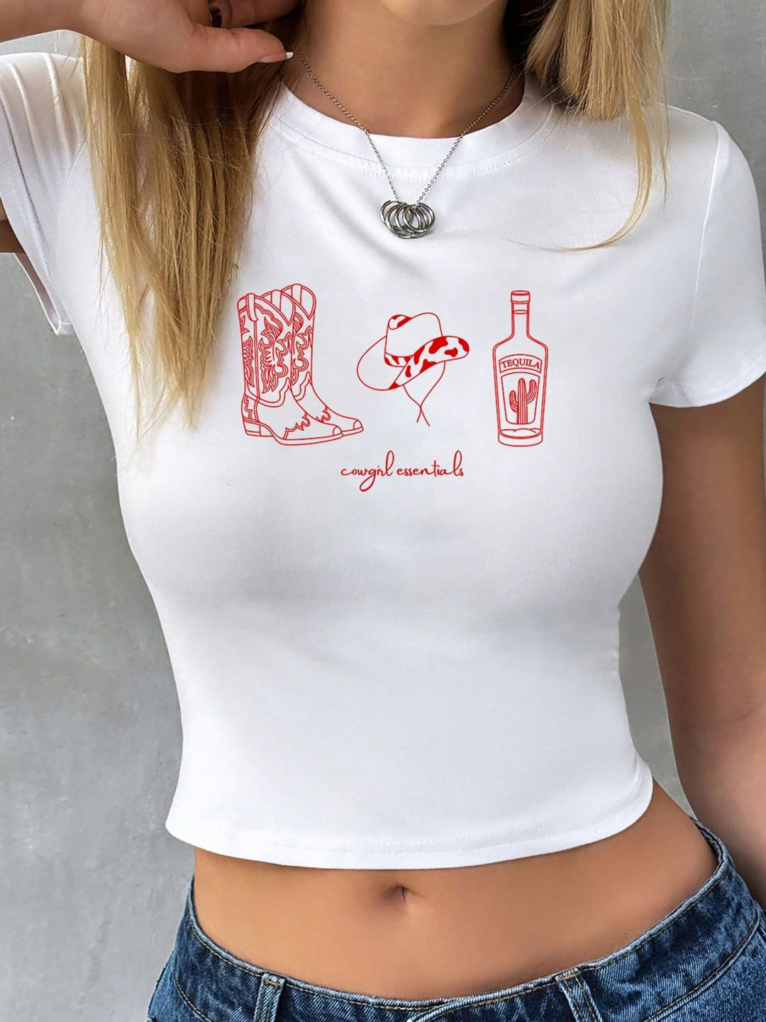 Damen Crop-T-Shirt mit kreativem Cowboy-Design Drune