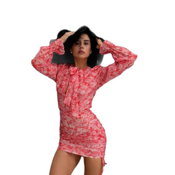 Damen Florales Chiffon Minikleid mit Schleifenkragen, transparenten Volumenärmeln und seitlicher Raffung Drune