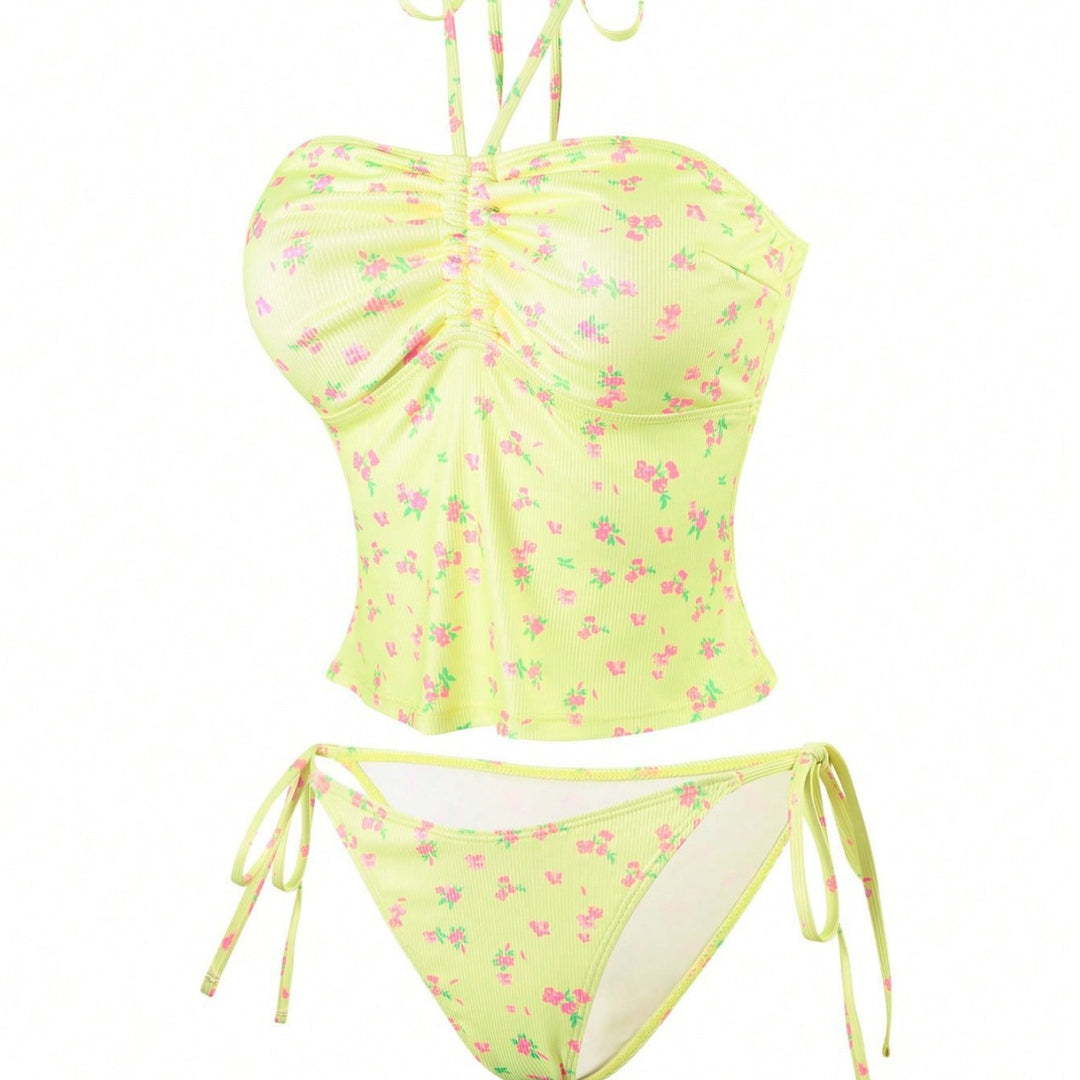 Damen Bandeau-Bikini mit floralem Design und verstellbaren Trägern Drune