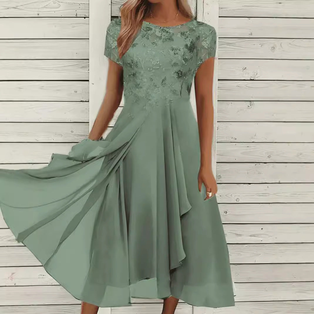 Damen nan elegantes Chiffon-Midikleid mit floraler Spitzenapplikation und fließendem Tellerrock Drune