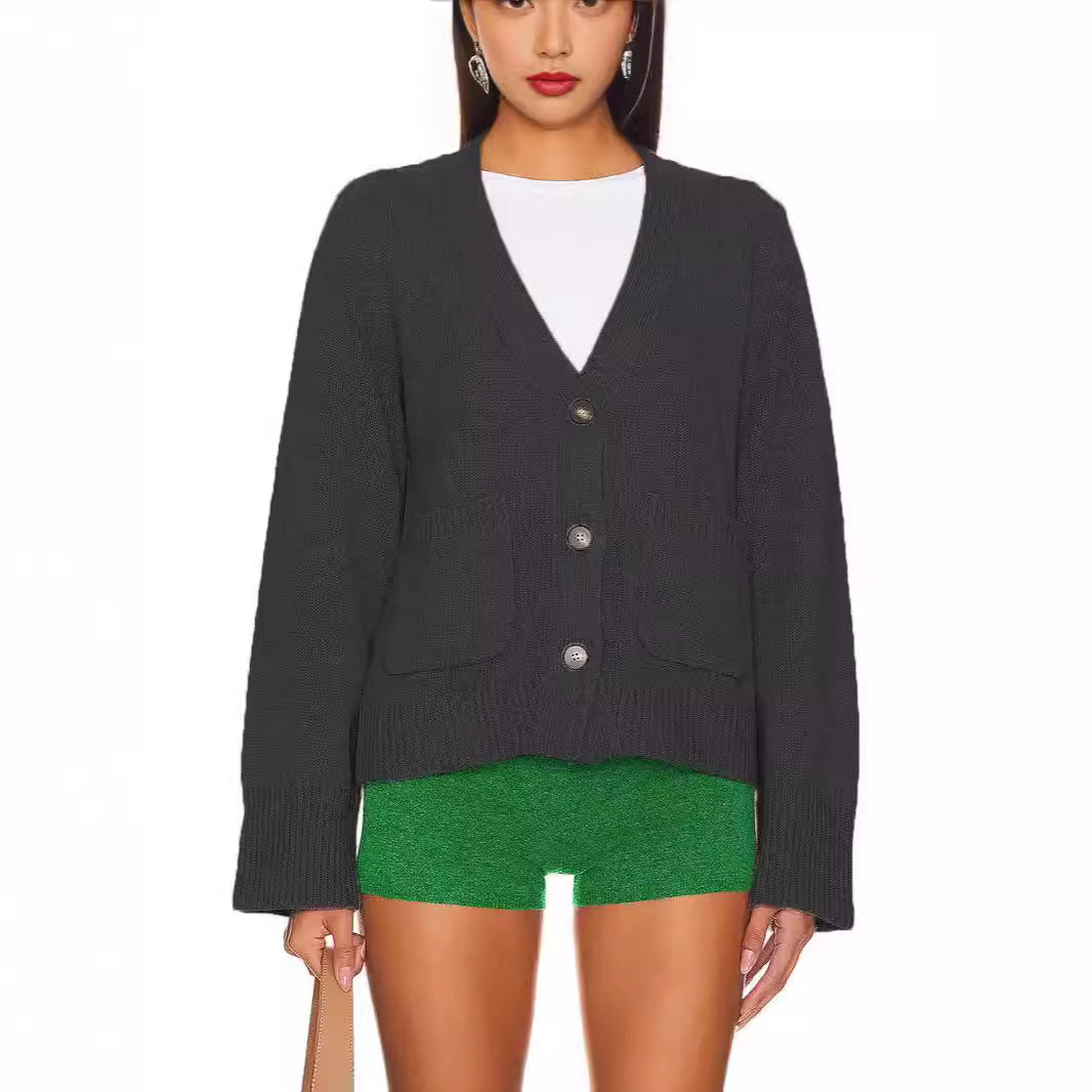 Damen modische Strickjacke mit breit geschnittenen Ärmeln und praktischen Taschen Drune