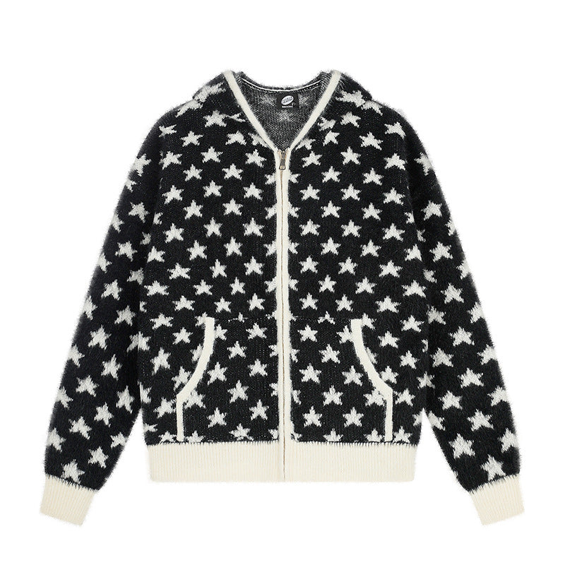 Damen Flauschige Strick-Zipjacke mit Allover-Sternmuster, Kängurutaschen und Rippbündchen Drune