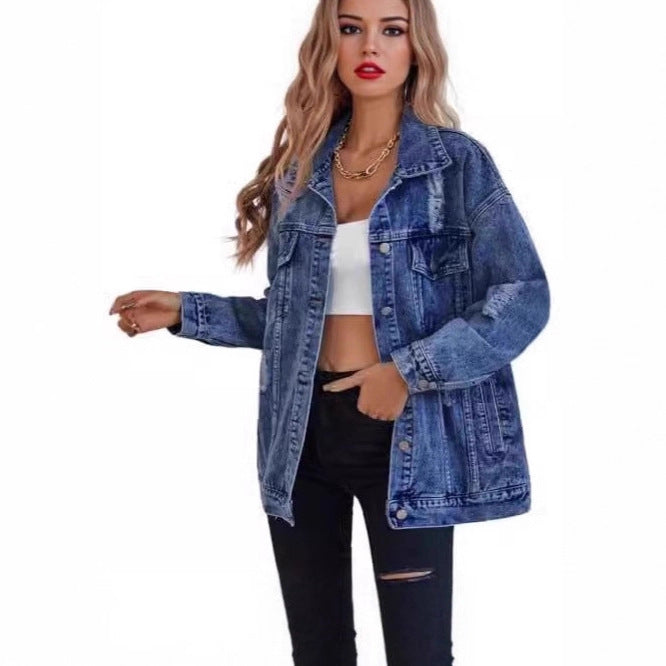 Damen Oversized Denimjacke mit modischen Ripped-Details Drune