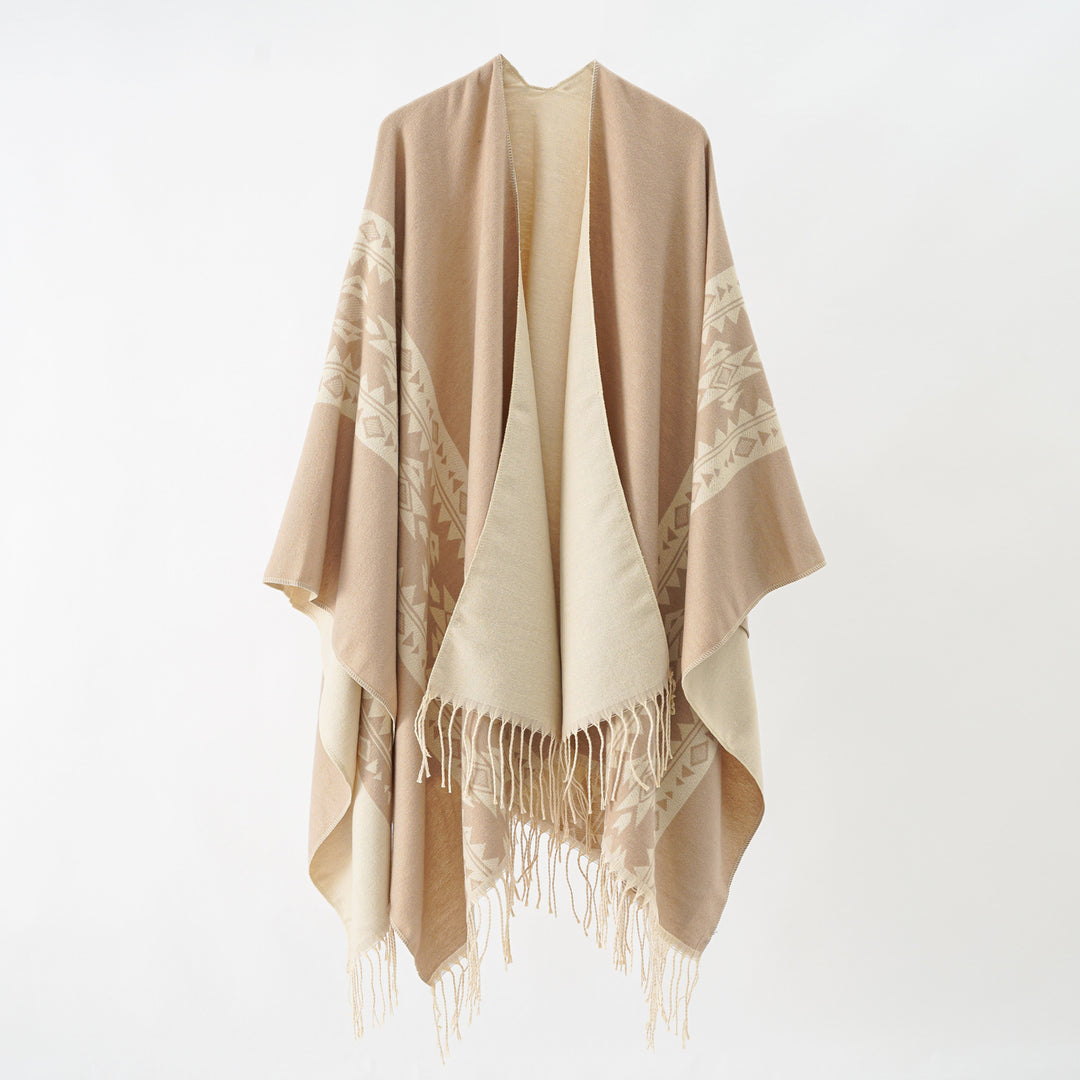 Damen Kaschmir‑Optik Überwurfponcho mit geometrischer Bordüren‑Jacquard und Fransen Drune