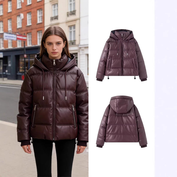 Damen Kurz gesteppte Kunstleder-Pufferjacke mit Kapuze, Tunnelzug und seitlichen Eingrifftaschen Drune