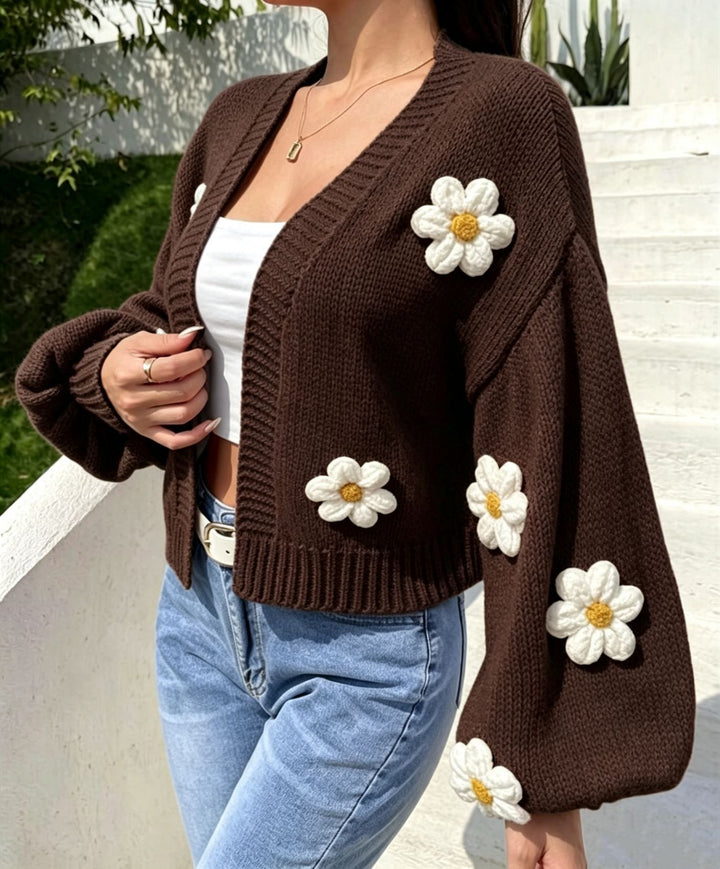 Damen Cropped-Cardigan aus Baumwollmix mit 3D-Blütenapplikationen Drune