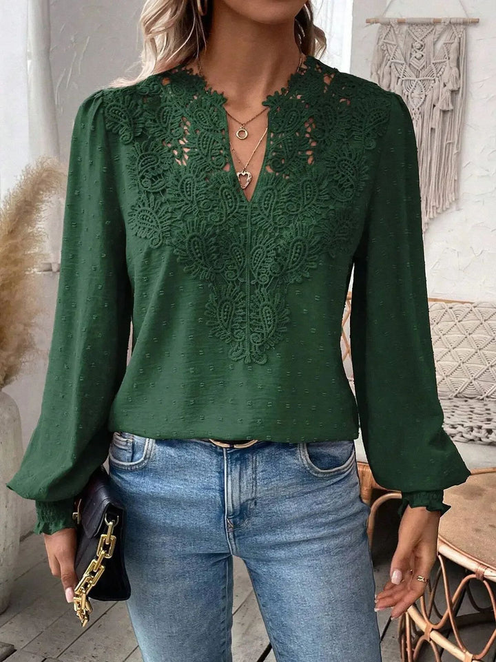 Damen nan Spitzenapplikation V-Ausschnitt Bluse mit Strukturpunkt, gerafften Manschetten und leicht taillierter Silhouette Drune