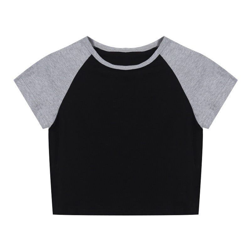 Damen Crop-Top mit kontrastierenden Ärmeln und angenehmem Baumwollmix