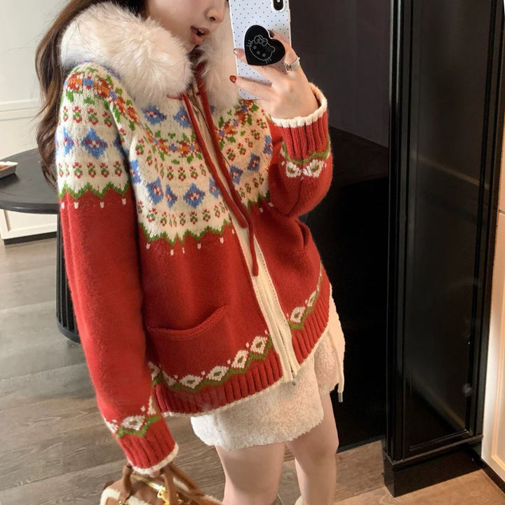 Damen Strickjacke mit angesagtem Norwegermuster und luxuriösem Kunstpelzkragen Drune