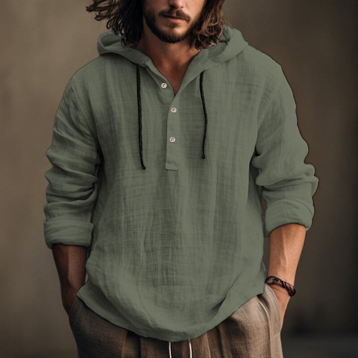 Herren Leichtes Kapuzenhemd im Leinenlook mit Henley-Knopfleiste Drune