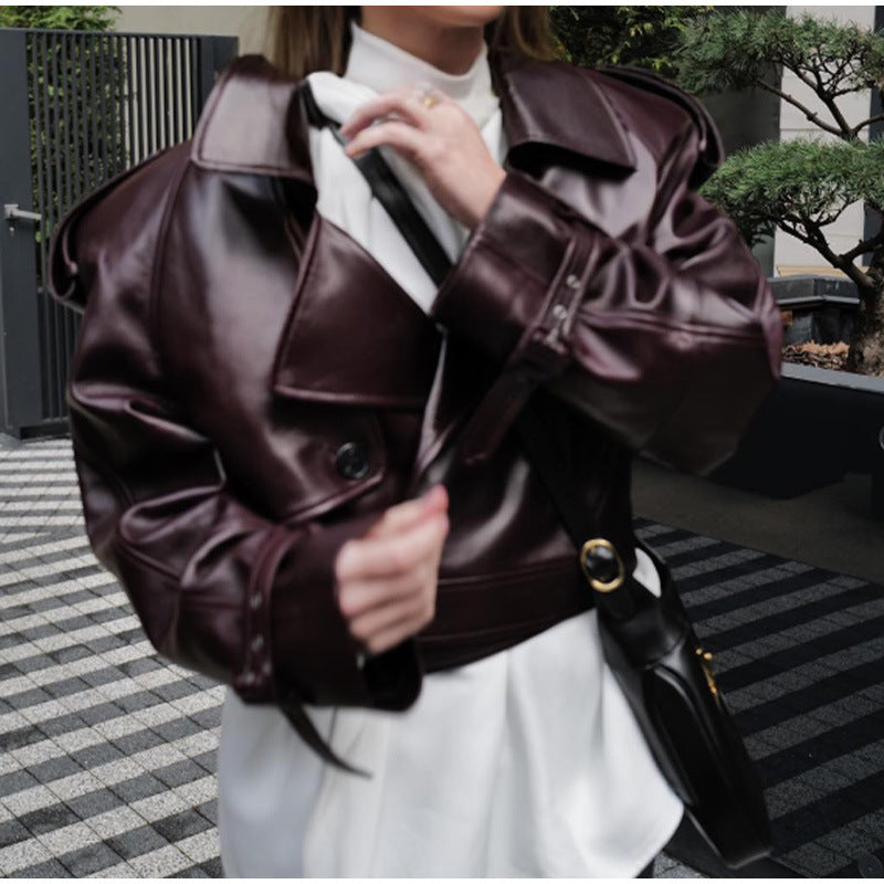 Damen Trendige Kunstlederjacke mit breiten Schultern und klassischem Kragen Drune
