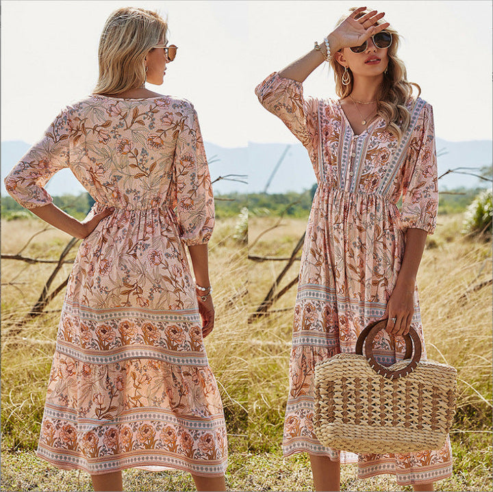 Drune | Damen Midikleid mit V-Ausschnitt und Blumenmuster