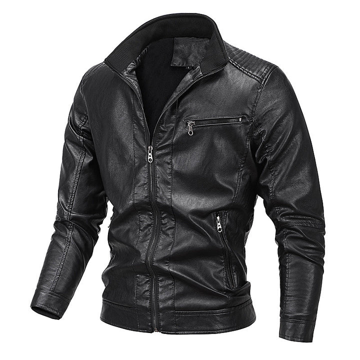 Herren Slim-Fit Kunstlederblouson mit gesteppter Schulterpartie und Stehkragen Drune