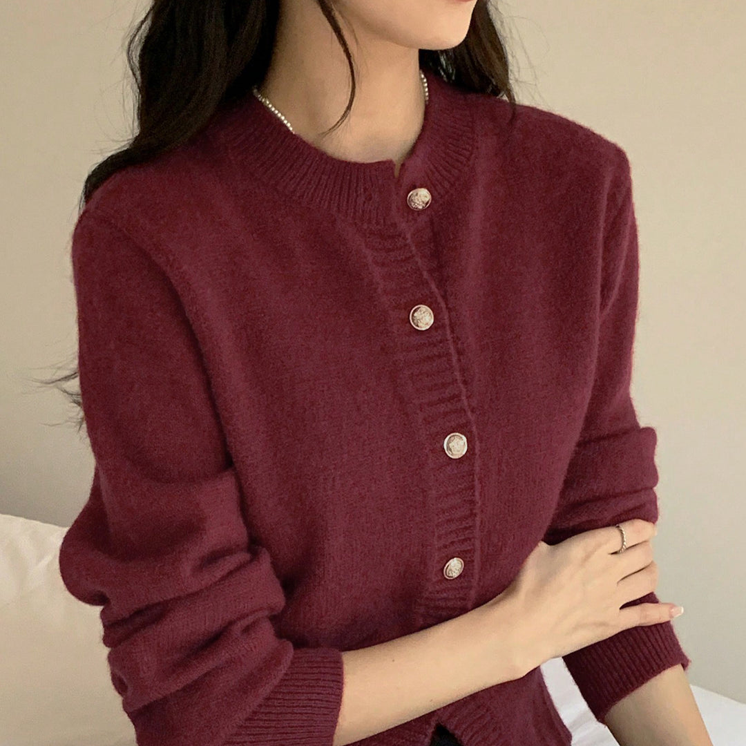 Damen kuschelige Strickjacke mit goldenen Knopfdetails und stilvollem V-Ausschnitt Drune
