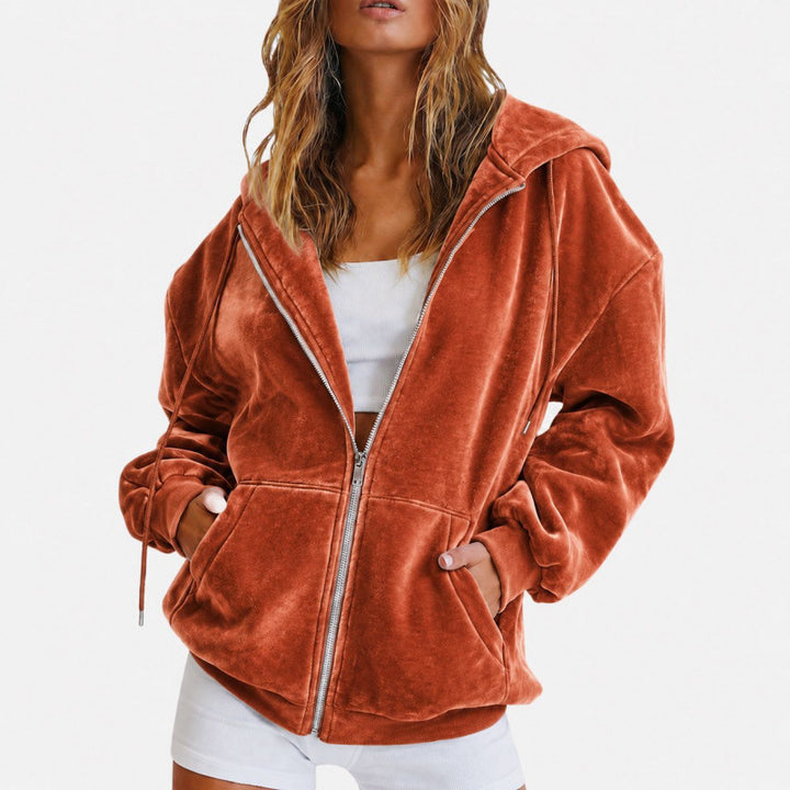 Damen Oversize Velours-Kapuzenjacke mit Reißverschluss Drune