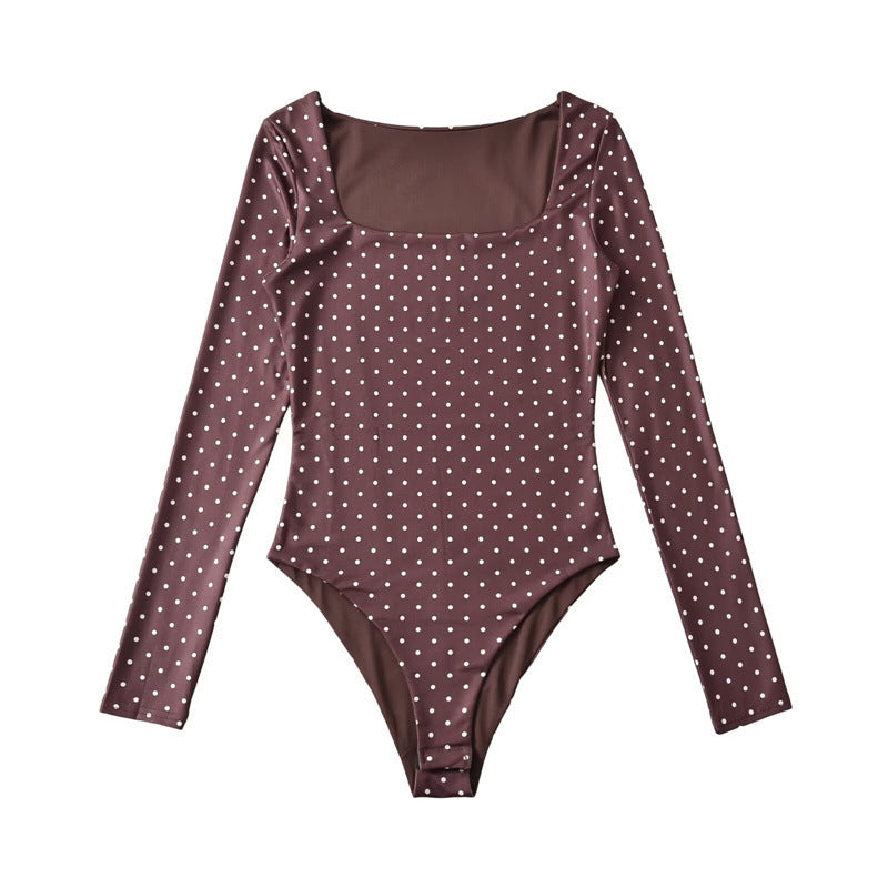Damen Langärmeliger Body mit quadratischem Ausschnitt und Pünktchenprint Drune