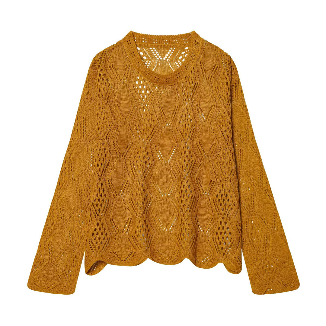 Damen Lochstrick-Pullover mit Zopfmuster und geschwungenem Saum Drune