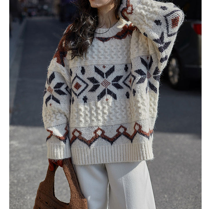 Damen Grobstrickpullover mit geometrischem Muster und Rundhalsausschnitt Drune