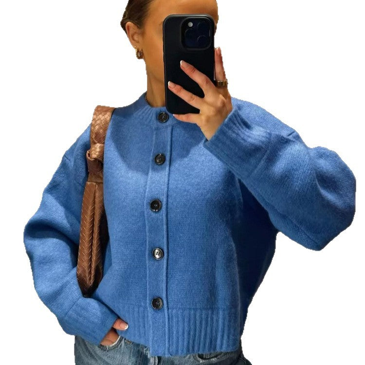 Damen Kurze Boxy-Strickjacke mit großer Knopfleiste, geripptem Saum & Volumenärmeln Drune