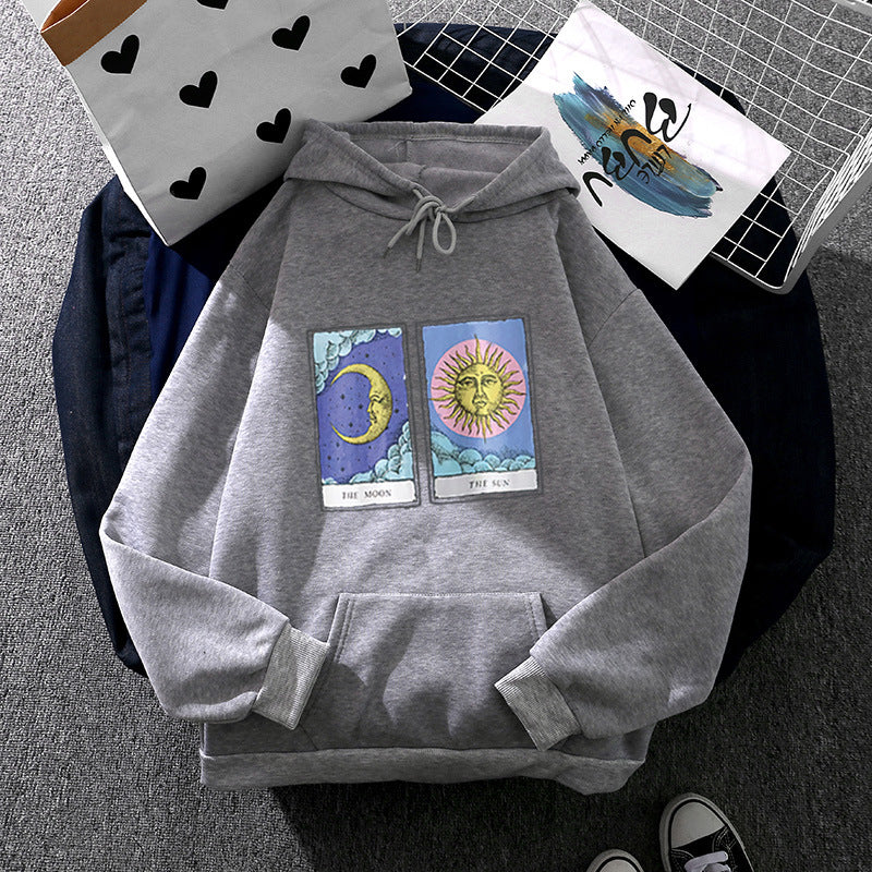 Damen nan leichter Oversize Kapuzenpullover mit Herz‑EKG‑Motiv, langen Kordeln und elastischem Bund Drune
