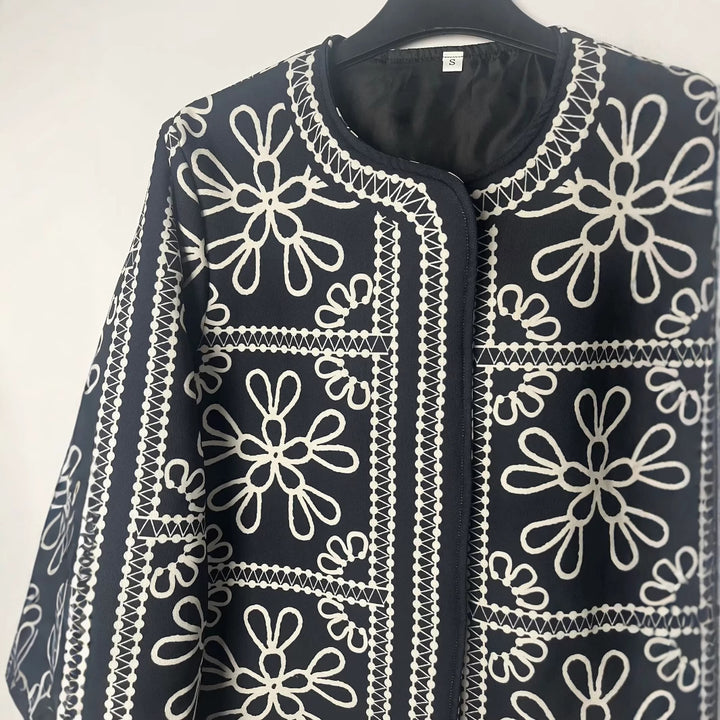 Damen Patchwork-Design Jacke mit floralem Muster und eleganten Applikationen Drune