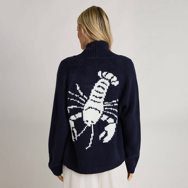 Damen Grobstrick Rollkragenpullover mit Hummer-Intarsie und lässiger Oversize-Passform Drune