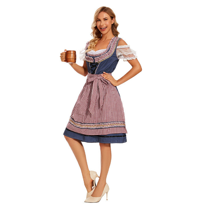 Damen nan traditionelles Trachtenkleid mit Schnürmieder, Spitzenärmeln und karierter Schürze Drune