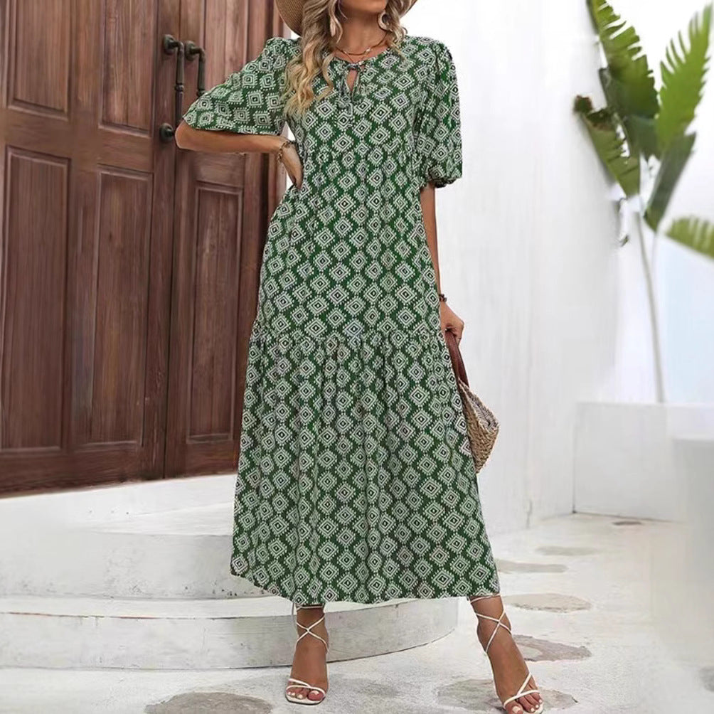 Damen nan luftiges Maxikleid mit geometrischem Ethno-Print, gerafftem Stufenrock und Schlüssel-Ausschnitt Drune