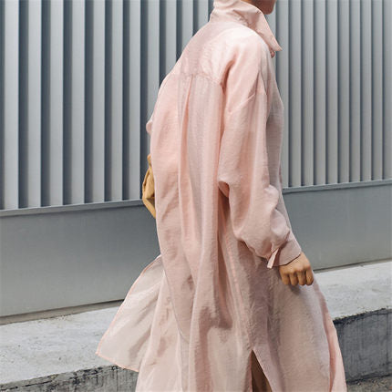 Damen Weites Oversize-Hemdblusenkleid mit Brusttasche und hohen Seitenschlitzen Drune