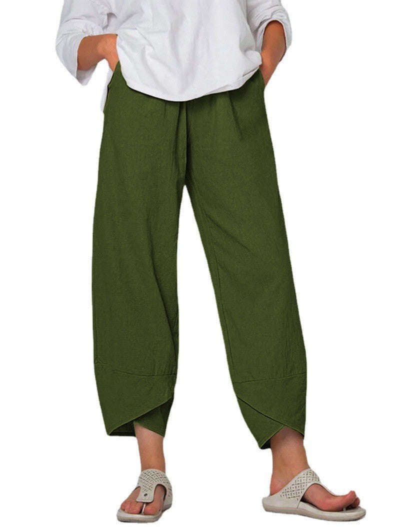 Damen nan lockere Leinenhose mit hohem Bund, Tulpen-Saum und seitlichen Eingrifftaschen Drune