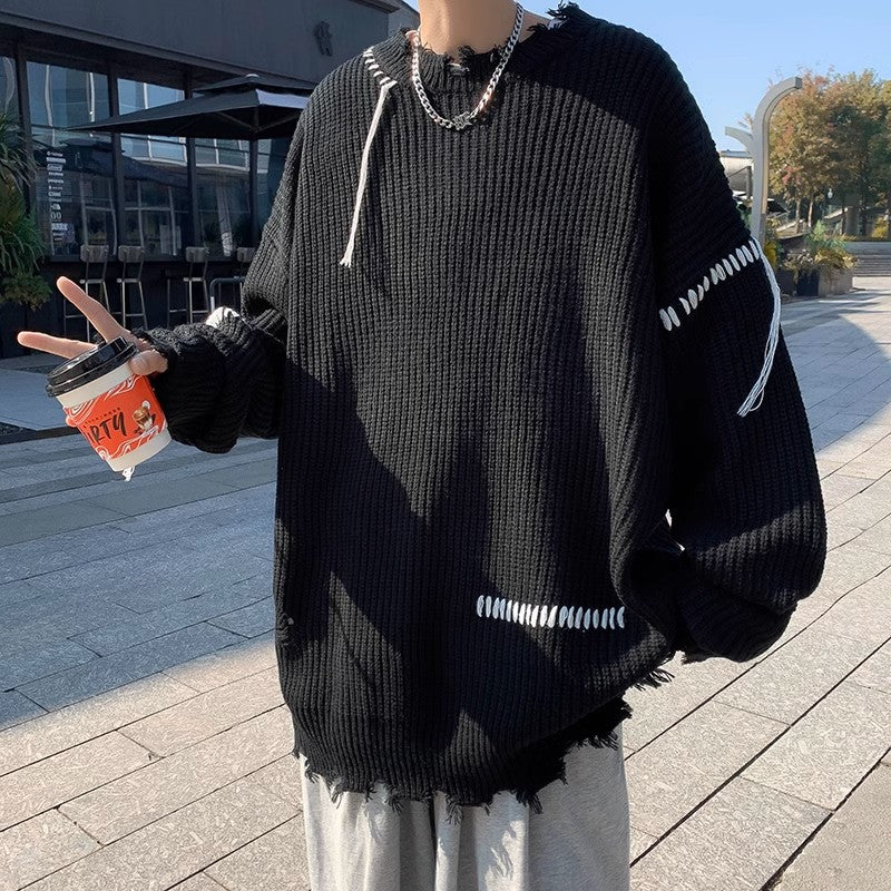 Herren lässiger Strickpullover mit fransigen Abschlüssen und asymmetrischem Design Drune