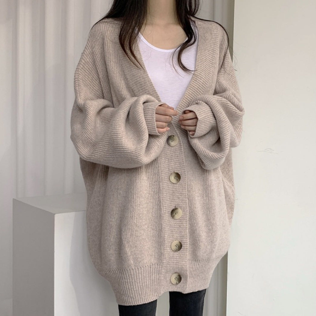 Damen gemütlicher Oversized-Strickcardigan mit großen Knöpfen Drune