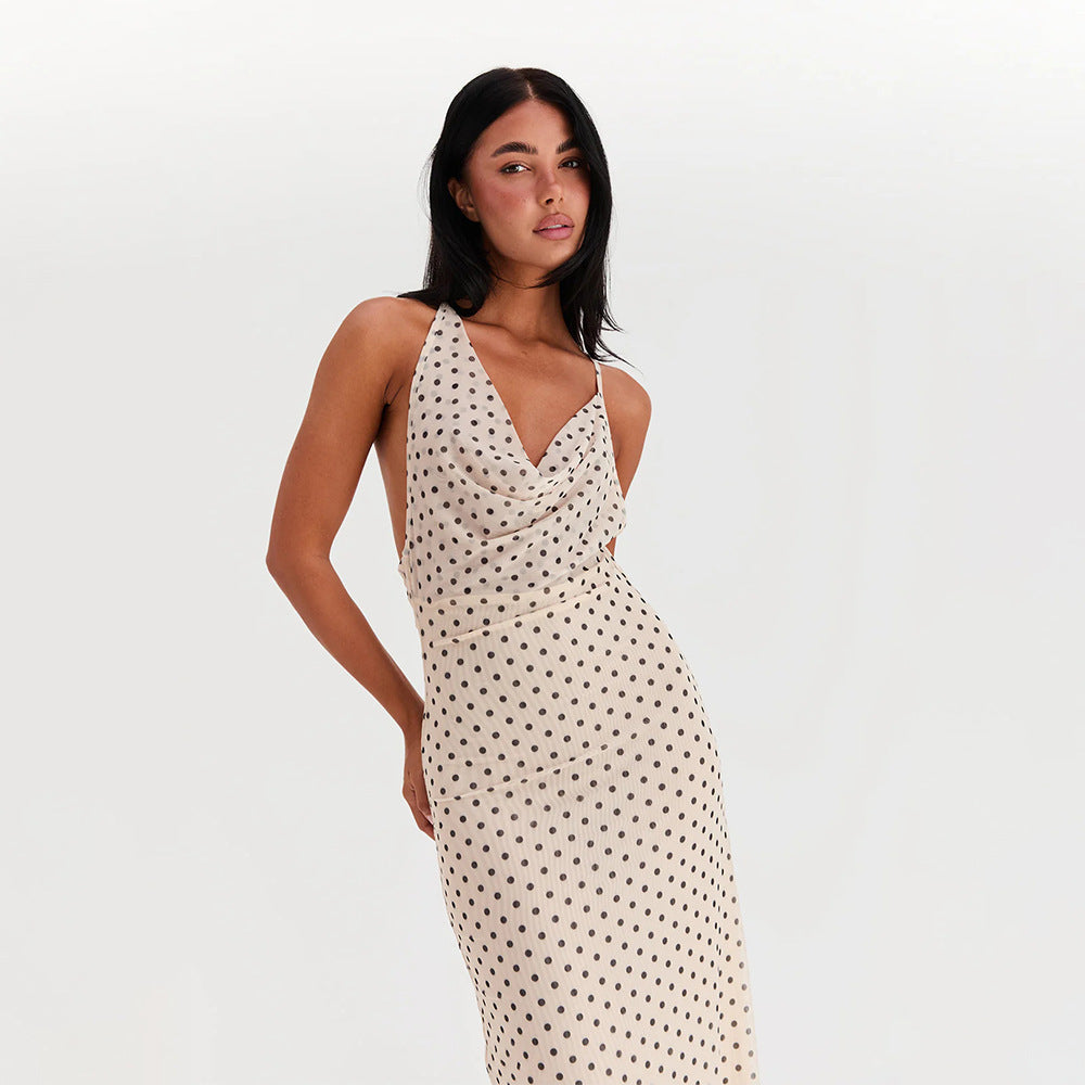 Damen Maxikleid mit elegantem Wasserfallausschnitt und Punktedesign Drune