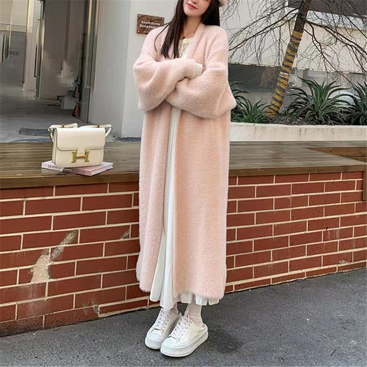 Damen Flauschiger Maxi Cardigan mit tiefem V-Ausschnitt und oversized Silhouette Drune