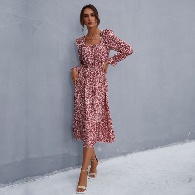 Damen Midikleid im Vintage‑Stil mit quadratischem Ausschnitt, Rüschen und elastischer Taille Drune
