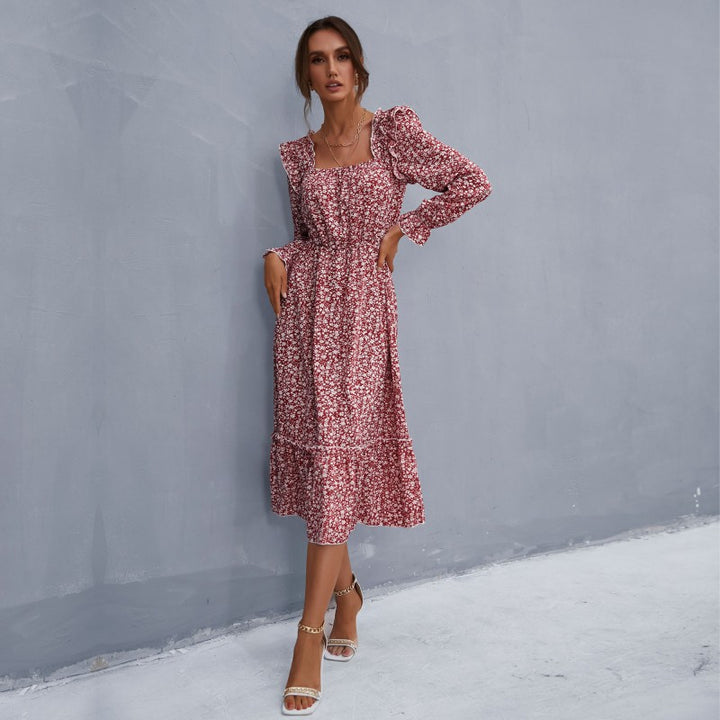 Damen Midikleid im Vintage‑Stil mit quadratischem Ausschnitt, Rüschen und elastischer Taille Drune